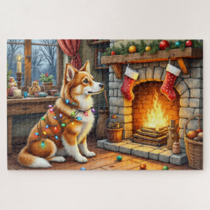 Puzzle Azawakh Sentado junto a Chimenea con Luces de Navi