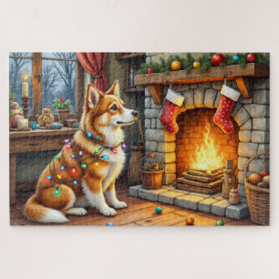 Puzzle Azawakh Sentado junto a Chimenea con Luces de Navi