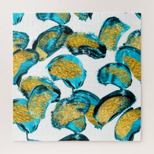 Puzzle azul acuático, turquesa, dorado.