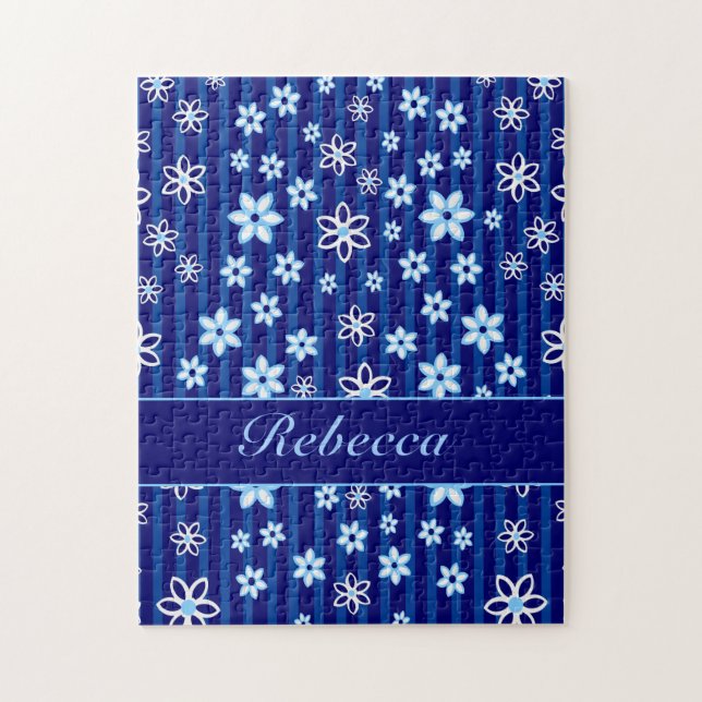 Puzzle Azul floral personalizada y blanco modelados (Vertical)