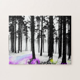 Puzzle Azul morado en bosque de silueta negro