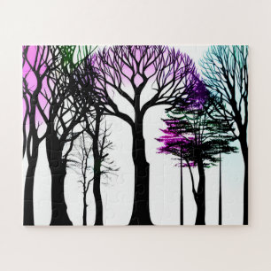 Puzzle Azul morado y verde sobre árboles negros para niño