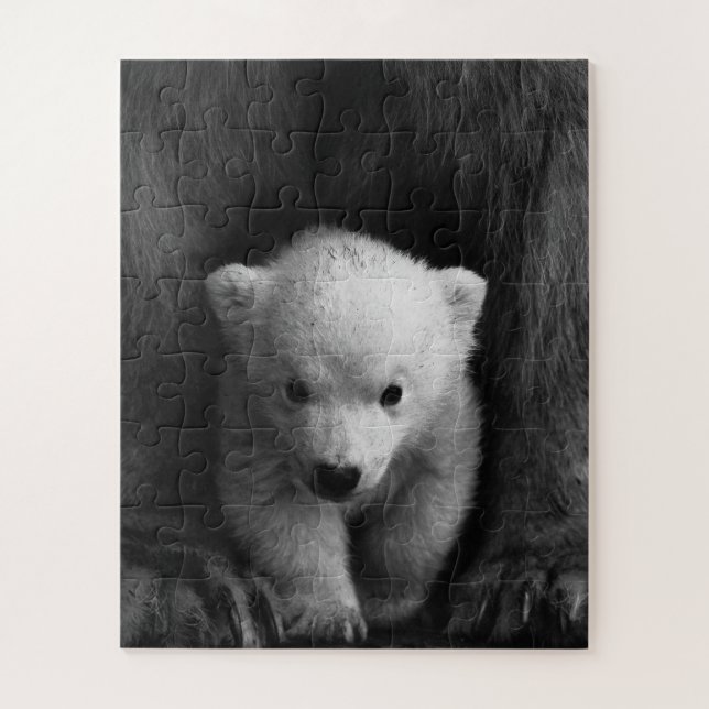 Puzzle Baby Polar Bear with Mother, Black and White (Vertical)