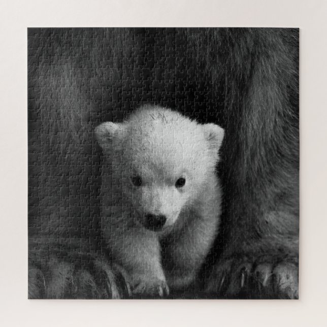 Puzzle Baby Polar Bear with Mother, Black and White (Vertical)
