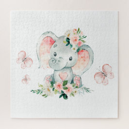 Puzzle Baby Shower de marco de elefante floral verde rosa