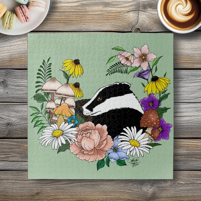 Puzzle Badger Wild Flowers Mushrooms Green (Subido por el creador)