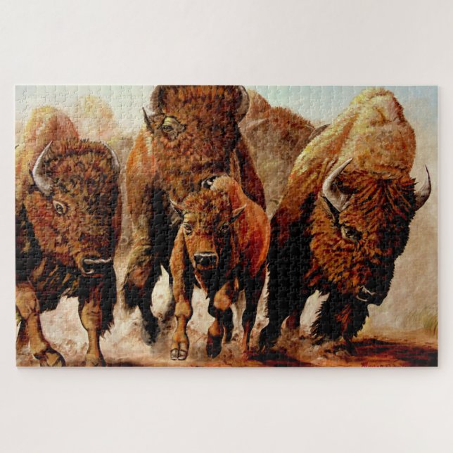 Puzzle Baffalo de carga/bisonte con el becerro, toro 1014 (Horizontal)