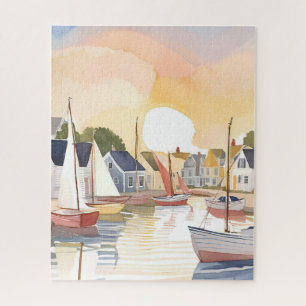 Puzzle Bahía de Barcos   Pintura en acuarela de océano co