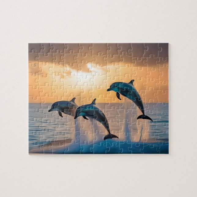 Puzzle Bailando en el atardecer: Tres delfines saltando (Horizontal)