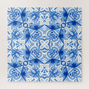Puzzle Baldosa azul blanca, acuarela sin costura.