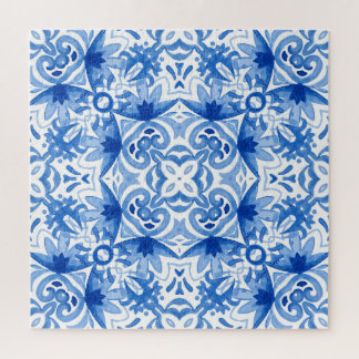 Puzzle Baldosa azul blanca, acuarela sin costura.