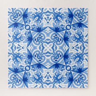 Puzzle Baldosa azul blanca, acuarela sin costura.