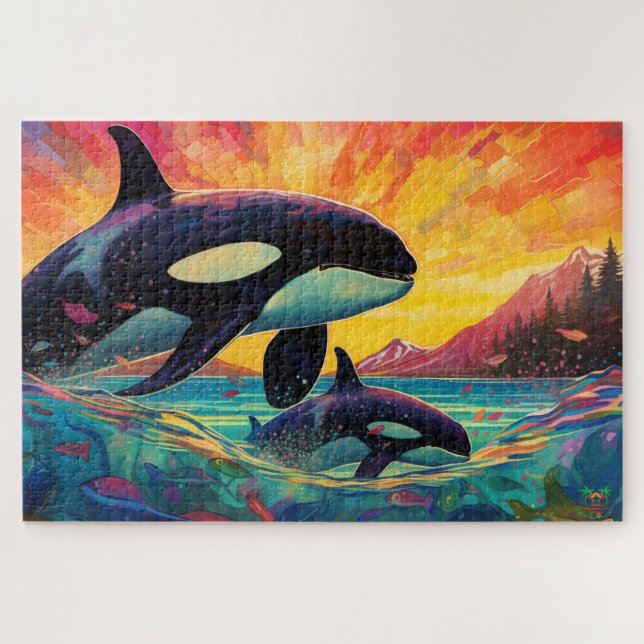 Puzzle 🐙 ballena de un tiempo: Madre orca y ternera (Horizontal)