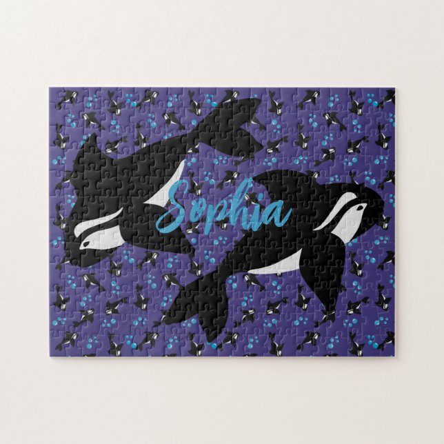 Puzzle Ballena orca con burbujas fondo azul púrpura (Horizontal)