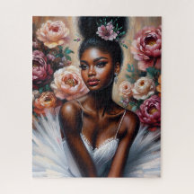 Ballerina Negra En Tutu Blanco Con Arte De Peonies