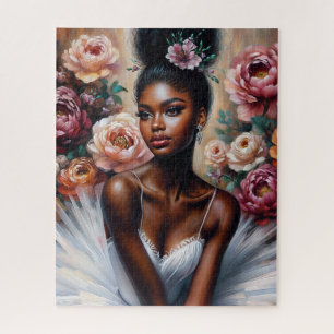 Puzzle Ballerina Negra En Tutu Blanco Con Arte De Peonies