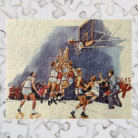 Puzzle Baloncesto deportivo vintage, jugadores en juego<br><div class="desc">El diseño de los equipos deportivos de ilustracion de época incluye un equipo de baloncesto jugando un divertido juego de aros con un jugador que toma un tiro en la canasta con una pelota y a punto de anotar con un pedazo. ¡Ahora puedes fingir ser un jugador en tu escuela...</div>