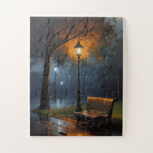 Puzzle Banco del parque en una noche lluviosa – Pintura a