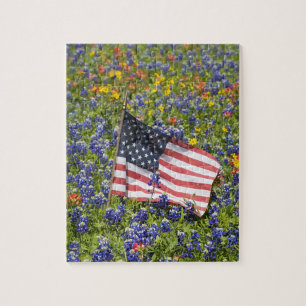 Puzzle Bandera americana en campo de Blue Bonnets,