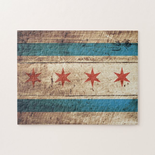 Puzzle Bandera de Chicago en grano de madera viejo (Horizontal)