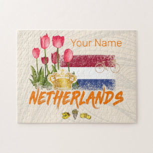 Puzzle Bandera Vintage de Holanda Países Bajos y Tulipán 