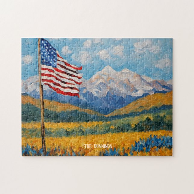 Puzzle Bandera y montañas impresionistas de Estados Unido (Horizontal)