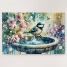 Baño de Pájaros de Primavera Acuarela