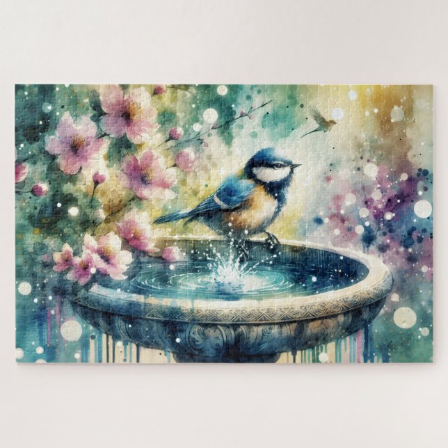 Puzzle Baño de Pájaros de Primavera Acuarela (Horizontal)