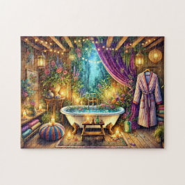 Puzzle Baño de Spa Bosque Encantado con velas en el jardí