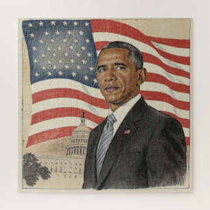 Puzzle Barack Obama frente a la bandera estadounidense y