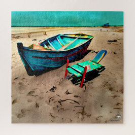 Puzzle Barca Teal en una playa de arena