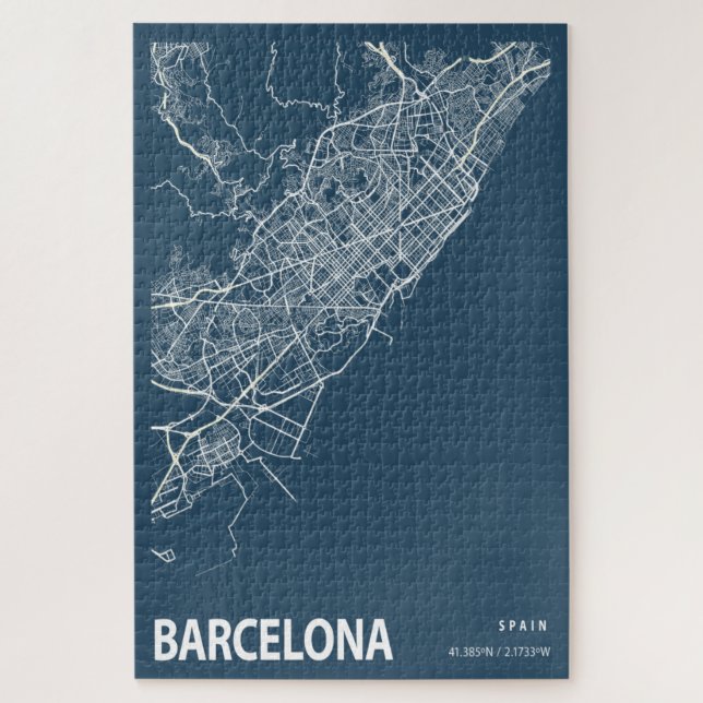 Puzzle Barcelona España Mapa Línea Arte Azul (Vertical)
