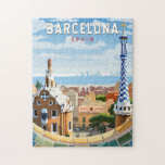 Puzzle Barcelona España Viaje Arte Vintage<br><div class="desc">Diseño de viaje vectorial retro de Barcelona. Barcelona,  la cosmopolita capital de la región catalana de España,  es conocida por su arte y arquitectura.</div>