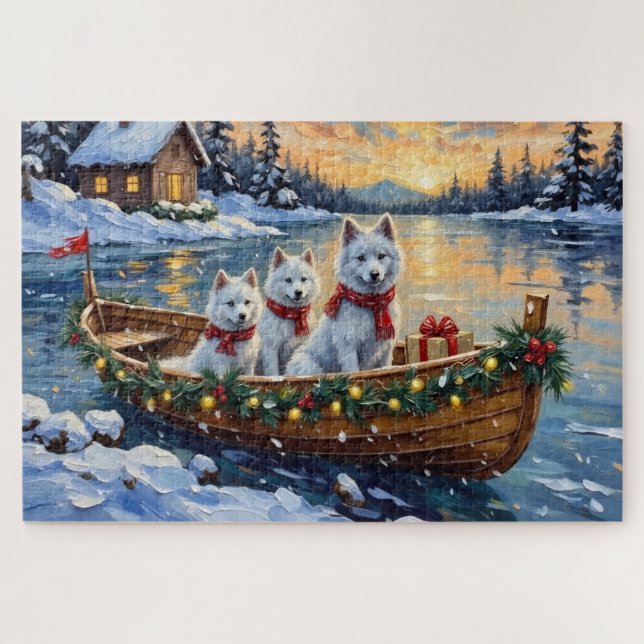 Puzzle Barco de Navidad de Samoyedo Blanco Fiesta (Horizontal)