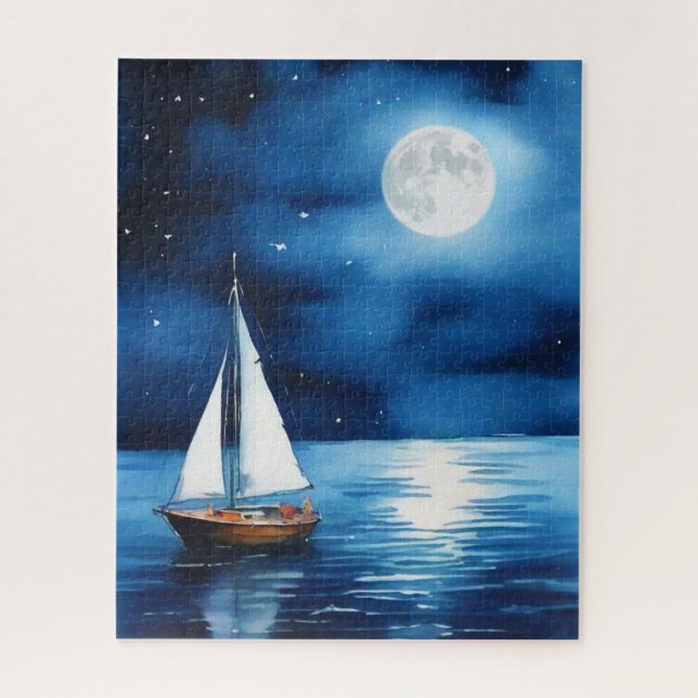 Puzzle Barco de vela bajo una luna llena (Vertical)