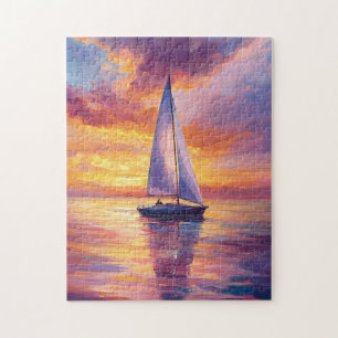Puzzle Barco de vela en la pintura al atardecer