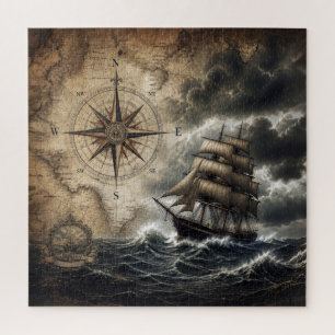 Puzzle Barco de vela vintage con rosa de los vientos