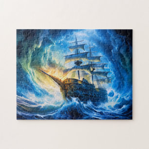 Puzzle Barco en pintura de fantasía de océano azul brilla