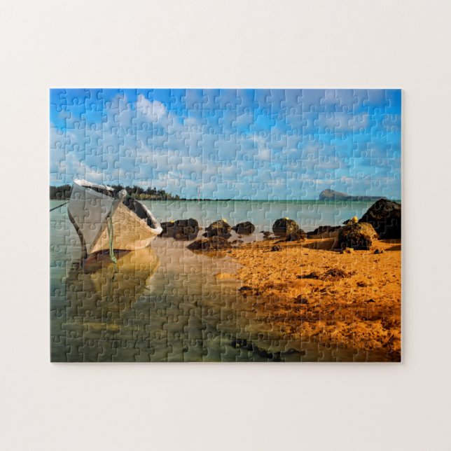 Puzzle Barco pesquero en la playa mauriciana con islote (Horizontal)