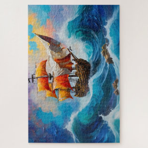 Puzzle Barco pirata en ola de agua