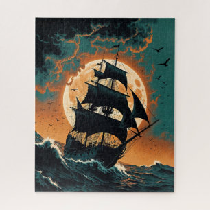 Puzzle Barco pirata iluminado por la luna en mares tormen