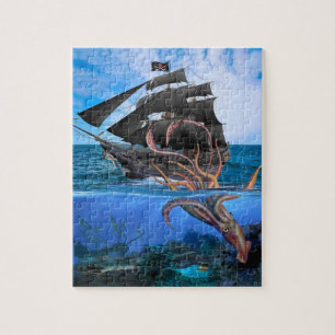 Puzzle Barco pirata vs el calamar gigante