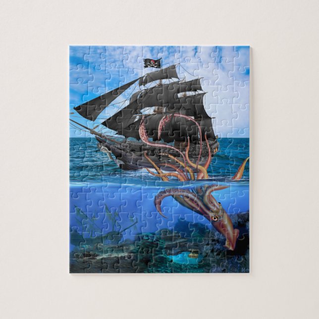Puzzle Barco pirata vs el calamar gigante (Vertical)