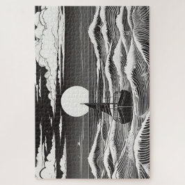 Puzzle Barco solitario blanco y negro en un océano tormen