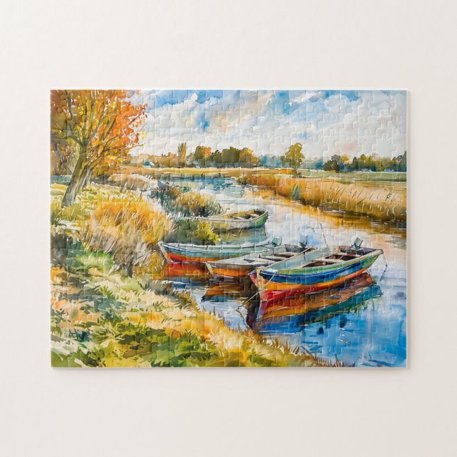 Puzzle Barcos en descanso junto a la acuarela del río Hav (Horizontal)