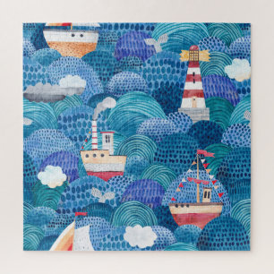 Puzzle Barcos y faro: acuarela infantil
