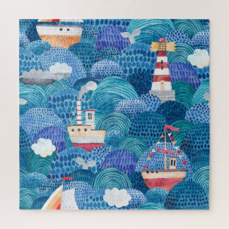 Puzzle Barcos y faro: acuarela infantil