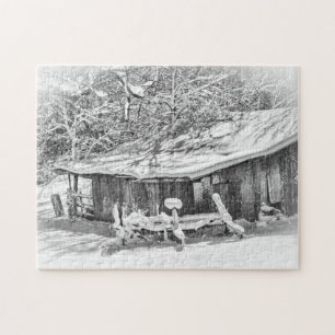 Puzzle Barn y pastel de la escena rural de invierno - Fot