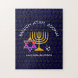 Puzzle BARUCH ATAH ADONAI | Hanukkah Blessings<br><div class="desc">Stylish, elegant HANUKKAH BLESSINGS Jigsaw Puzzle. Design shows a gold colored MENORAH with multicolored STAR OF DAVID and silver gray DREIDEL. At the top there is curved text which says BARUCH ATAH, ADONAI (Blessed are You, O God) and underneath the text reads HANUKKAH BLESSINGS. ALL TEXT IS CUSTOMIZABLE, so you...</div>