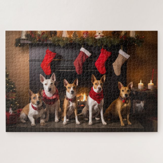 Puzzle Basenji por los Navidades de la chimenea (Horizontal)